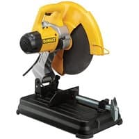 Yellow DeWalt metal cutting chop saw with black base, 355mm blade, and ergonomic handle.