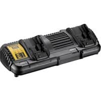 Black DeWalt dual port charger with yellow label, ribbed design, and slots for 10.8-54V XR batteries.