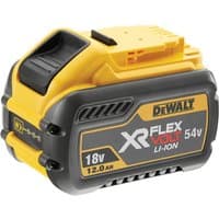 Yellow and black DeWalt XR FlexVolt battery, 18V/54V, 12.0/4.0Ah, with Li-Ion label and rugged design.