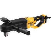 Yellow and black DeWalt right angle drill with ergonomic handle and side grip, bare unit without battery.
