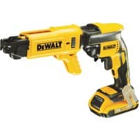 Yellow and black DeWalt 18V XR brushless drywall screwdriver with collated attachment and ergonomic grip.