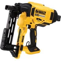 Yellow and black DeWalt 18V XR brushless fencing stapler with ergonomic grip and magazine for staples.