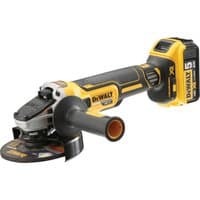 Yellow and black DeWalt 18V XR brushless angle grinder with 125mm disc and two 5.0Ah batteries.