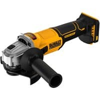 Yellow and black DeWalt 18V XR brushless angle grinder with 125mm disc and ergonomic handle.
