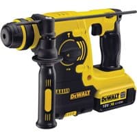 Yellow and black DeWalt 18V SDS-Plus rotary hammer with side handle and two 4.0Ah batteries.