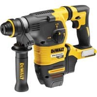 Yellow and black DeWalt 54V XR SDS Plus hammer drill with ergonomic handle and adjustable side grip.