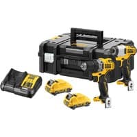 DeWalt 12V XR brushless sub-compact drill and impact driver set with charger, two batteries, and black carrying case.