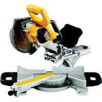 Yellow and silver Dewalt cordless mitre saw with black base, featuring an 18V battery and ergonomic handle.