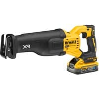 Yellow and black DeWalt 18V XR reciprocating saw with ergonomic grip and two 5.0Ah POWERSTACK batteries.