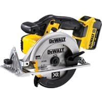 Yellow and black DeWalt 18V XR circular saw with silver 165mm blade, ergonomic handle, and two 4.0Ah batteries.