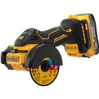 Yellow and black DeWalt 18V XR brushless cut-off tool with circular blade and ergonomic handle.