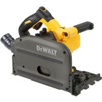 Yellow and black DeWalt plunge saw with ergonomic handle and dust extraction port, featuring a robust metal base.