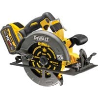 Yellow and black DeWalt 54V XR FlexVolt circular saw with 190mm blade, ergonomic handle, and 2 × 3.0Ah batteries.