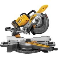 Yellow and black DeWalt mitre saw with 250mm blade, sliding rail, and dual 2.0Ah batteries.