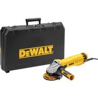 Yellow DeWalt 115mm mini grinder with black handle, silver head, and black kitbox featuring DeWalt logo.
