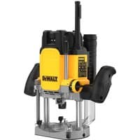 Yellow and black DeWalt 2300W 110V 1/2in plunge router with ergonomic handles and clear base for precision woodworking.