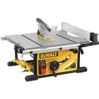Yellow DeWalt table saw with silver blade, black stand, and adjustable fence system.