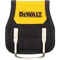Black and yellow DeWalt hammer loop with metal holder and reinforced stitching.