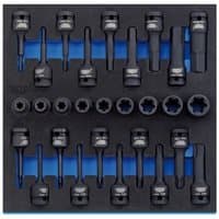 "Draper 1/2" square drive impact socket set in black EVA tray, featuring multiple socket sizes arranged neatly."