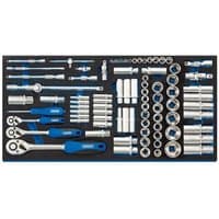 Draper socket set with blue-handled ratchets, various sockets, and extensions in a black EVA insert tray.