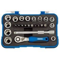 Draper 1/4'' Sq. Dr. Metric Socket Set in blue case with ratchet, sockets, and extensions neatly arranged.