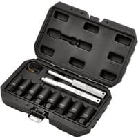 Draper 10 Piece Locking Wheel Nut Removal Set in a black plastic case with sockets and removal tools.