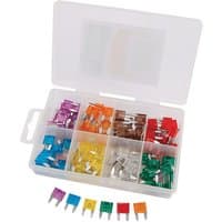 Clear plastic box with assorted colored mini automotive fuses, organized in compartments, by Draper.