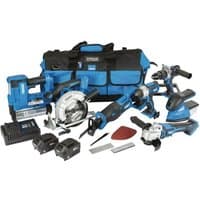 Draper D20 11-piece power tool kit with blue and black tools, two batteries, charger, and carrying bag.