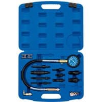Blue Draper 12 Piece Diesel Compression Test Kit with pressure gauge, hoses, and adapters in a molded carrying case.