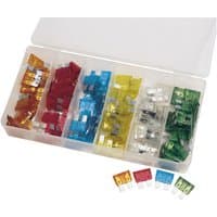 Draper 120 piece automotive fuse assortment in a clear plastic box with various colored fuses in separate compartments.