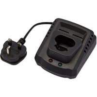 Black Draper 12V fast charger with UK plug, dual indicator lights, and vented sides.