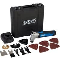 Draper 12V oscillating multi-tool with blue accents, black case, charger, battery, and various attachments.