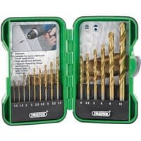 Green case with 15 gold titanium nitride coated HSS drill bits, sizes labeled, by Draper.