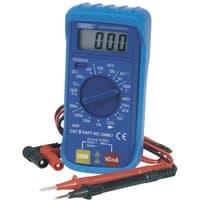 Blue Draper 16 Function Digital Multimeter with LCD screen, rotary dial, and red-black test probes.