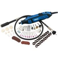 Blue and black Draper rotary multi tool with flexible shaft, sanding discs, polishing pads, and various attachments.