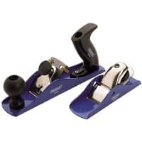 Blue Draper 2 Piece Combined Plane Set with black handles and silver blades, featuring a smoothing and block plane.