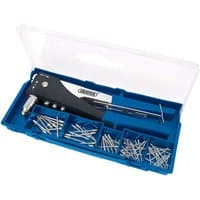 Black and silver Draper 2 Way Hand Riveter Kit in blue plastic case with assorted rivets and clear lid.