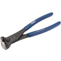 Black Draper 200MM end cutting pliers with blue rubber grips and sharp cutting edges.