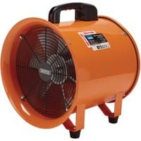 Orange Draper air mover ventilator, 12-inch, 350W, with black handle and protective grille.