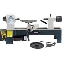 Draper 250W mini wood lathe with variable speed, blue base, white headstock, tool rest, and accessories.