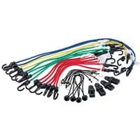 "Draper 28 piece bungee pack with multicolored cords, hooks, and clips, includes black storage case"