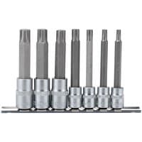 Draper Ribe Socket Bit Set with seven silver and gray bits on a black holder, featuring 3/8'' and 1/2'' square drives.