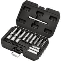 Black case with Draper 18-piece thin wall PSG glow plug socket set, featuring silver sockets and a ratchet handle.