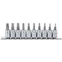 Draper 10-piece TX STAR security socket bit set, silver, 48mm long, with 3/8" square drive, arranged in a row.