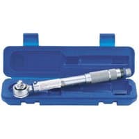 Silver Draper ratchet torque wrench with 3/8" square drive in a blue plastic case.