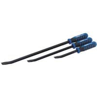 Draper 3 Piece Soft Grip Pry Bar Set with blue and black handles and flat metal ends in varying lengths.