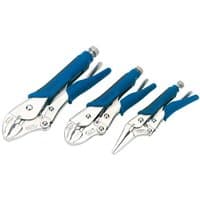 Set of three silver pliers with blue soft grips, including curved jaw, straight jaw, and needle nose designs.