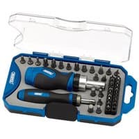 Draper 42 Piece Ratchet Screwdriver Set with blue handles in a clear plastic case with assorted bits.