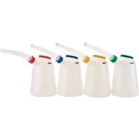 Set of four white 5-litre jugs with colored spouts in red, blue, yellow, and green by Draper.