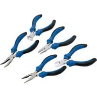 Five-piece mini pliers set with blue and black soft grip handles, including needle-nose and diagonal cutters.